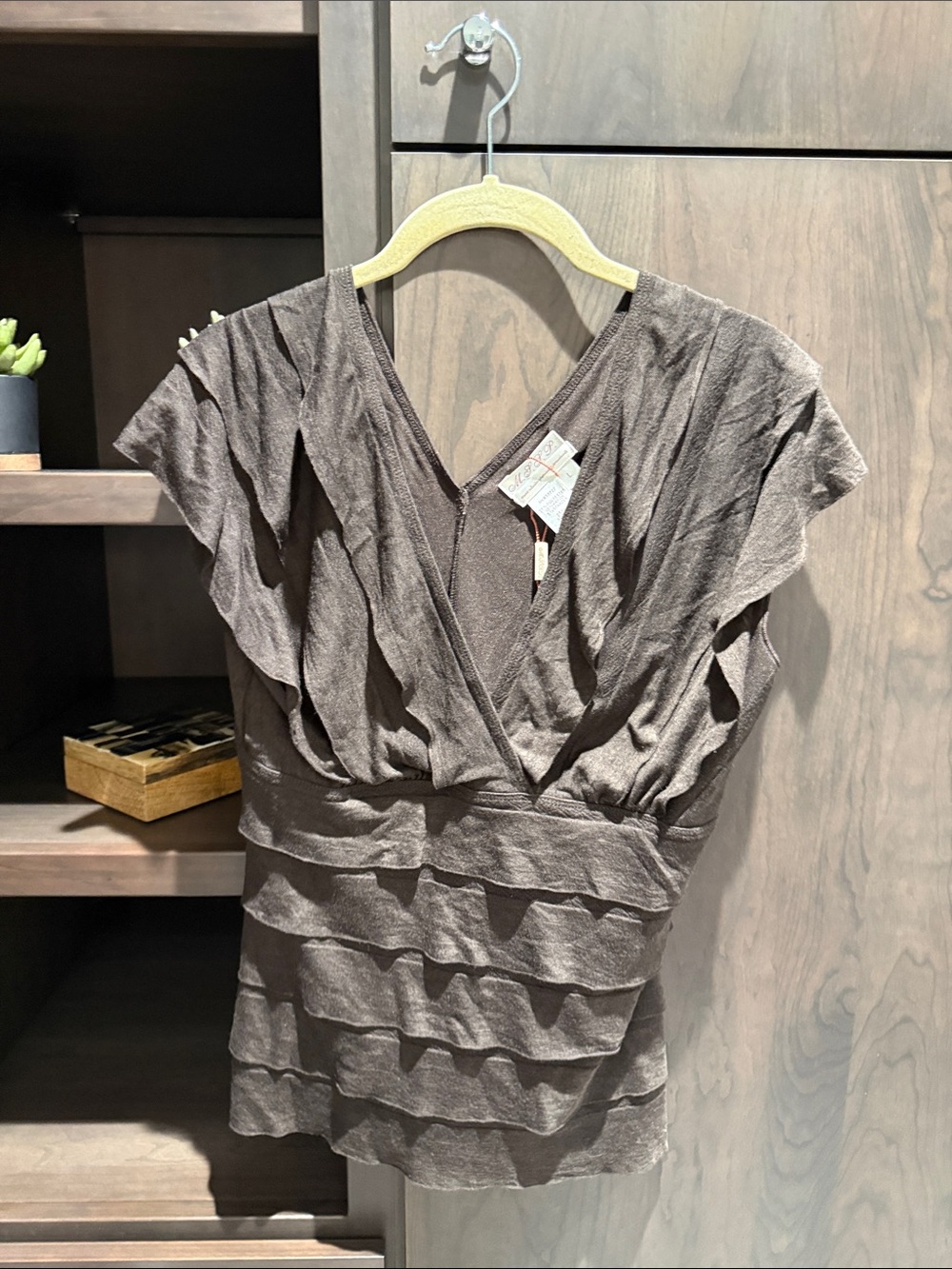 Brown Ruffle V-Neck Layered Blouse